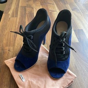 Real MIU MIU Royal Blue Suede and Satin Open toe lace heels